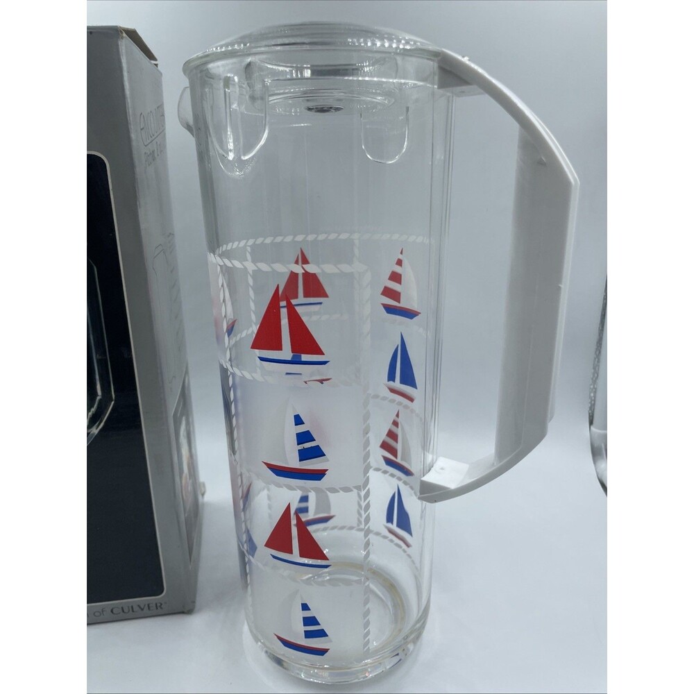 Vtg Culver Encounters Sailboat Pitcher 2 Qt NOS NIB Nautical Red White Blue MCM